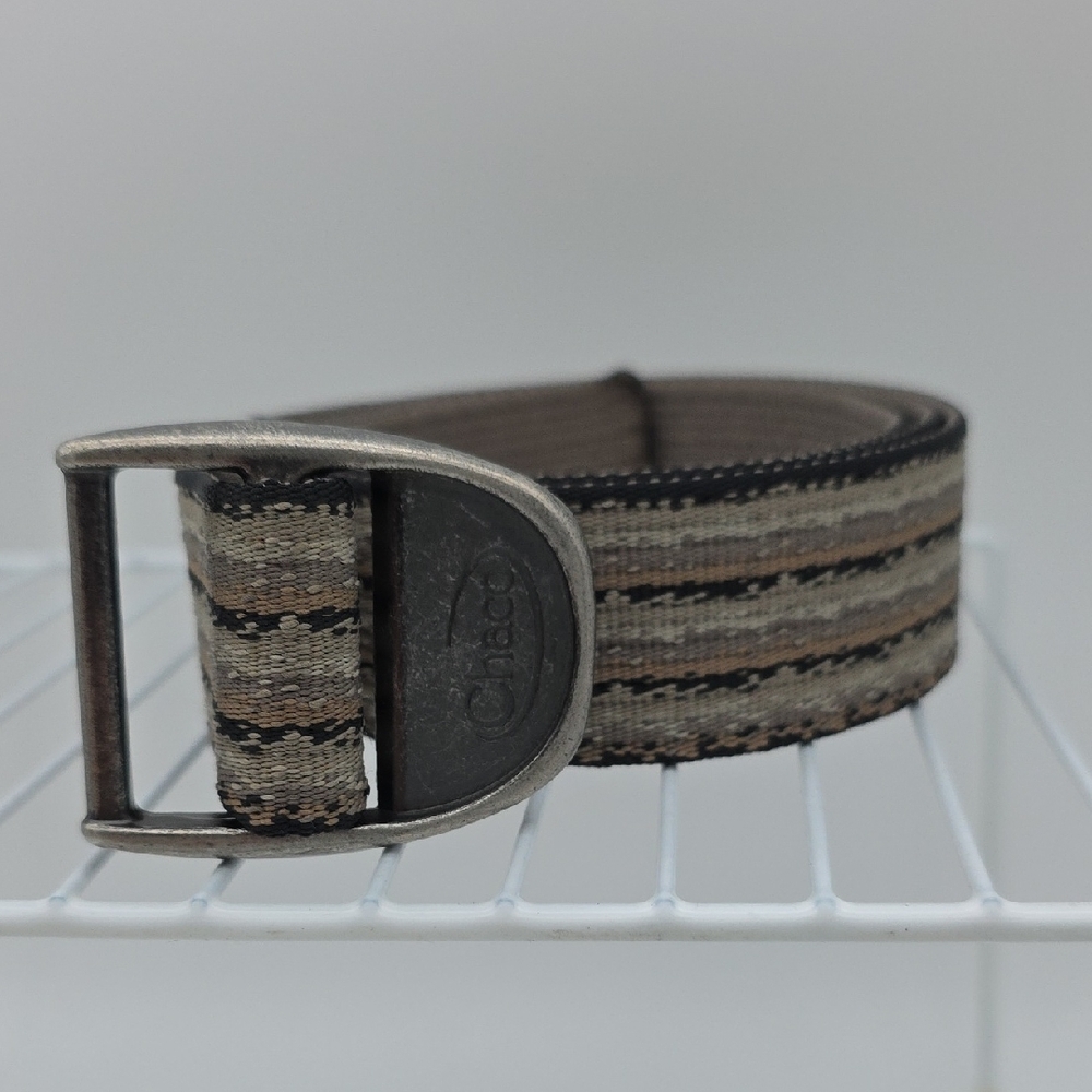 Chaco Men's Striped Tan, Gray & Black Webbed With Metal Buckle Belt